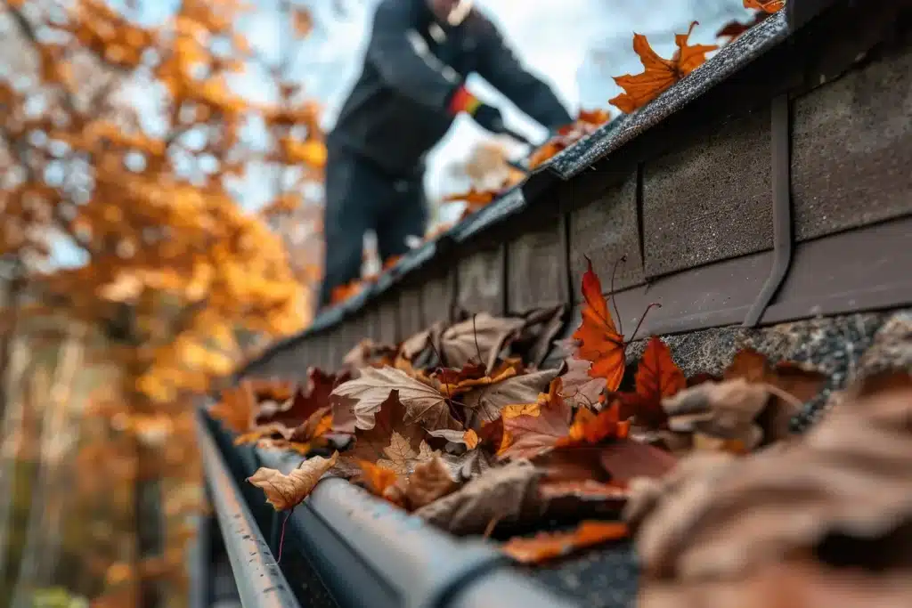 nettoyage manuel des feuilles mortes obstruant une gouttière, illustrant l'entretien saisonnier des toitures

