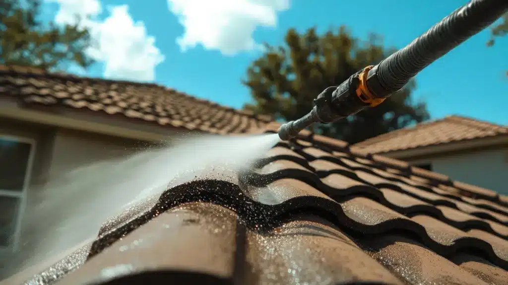 jet d'eau pulvérisé pour un nettoyage ciblé des tuiles, éliminant les débris et les dépôts organiques ​​








