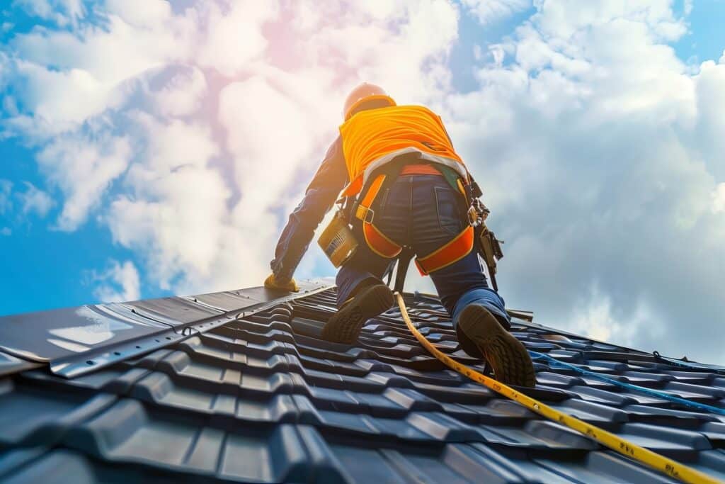 travailleur en intervention sur une toiture métallique avec équipements de sécurité, réalisant des travaux d'urgence

