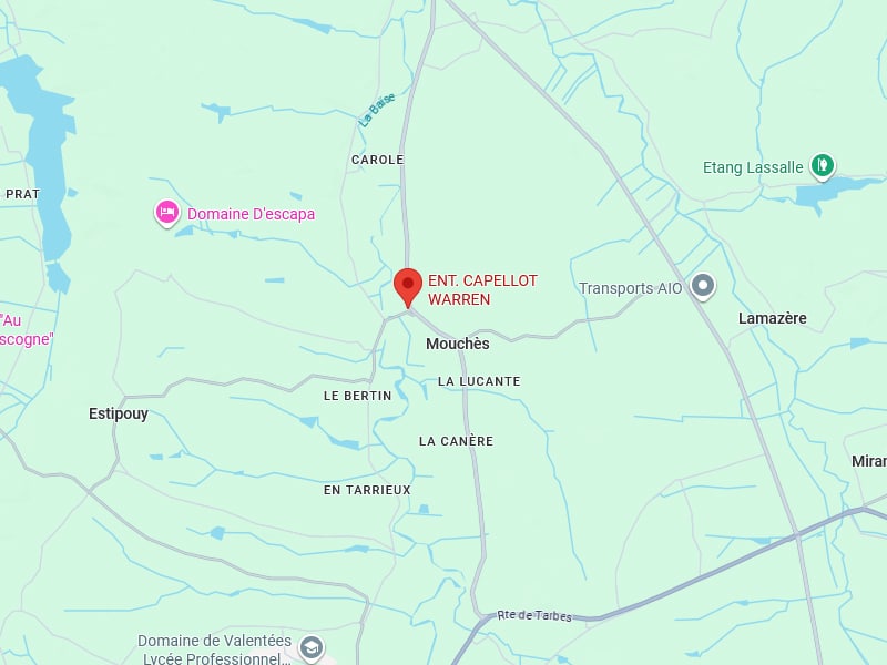 Mouchès : Carte détaillée ENT. CAPELLOT WARREN Carte géographique montrant ENT. CAPELLOT WARREN (pin rouge) près de Mouchès et de la rivière La Baïse. On voit aussi Estipouy et Domaine D'Escapa.